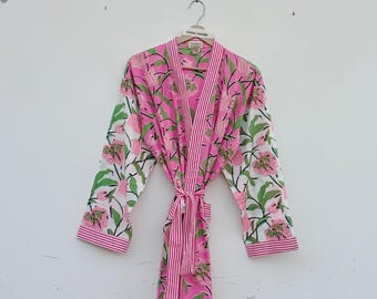 Cotton Kimono Robes Dressing Gown,Block Print Bridesmaid, Summer Nightwear,One Size