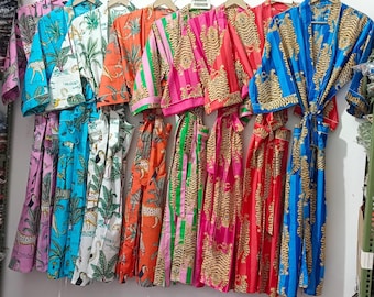 Cotton Kimono Robes Dressing Gown,Block Print Bridesmaid, Summer Nightwear,One Size