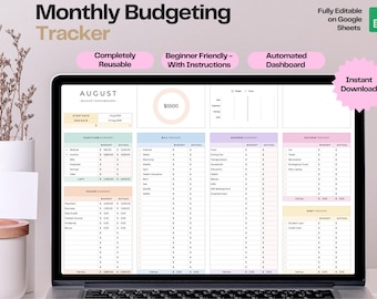 Monthly Budget Tracker Google Sheets: Personal Finance Spreadsheet (Digital Download)