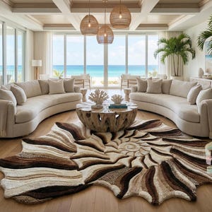 May include: A luxurious living room with two curved beige sofas facing each other. A large, patterned rug in shades of brown and beige sits between them. The room has large windows overlooking the ocean, with decorative lighting.