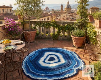 The "Blue Sapphire" Agate Slice: Hand Tufted Textured Wool Rug – Modern Abstract Geode Decor
