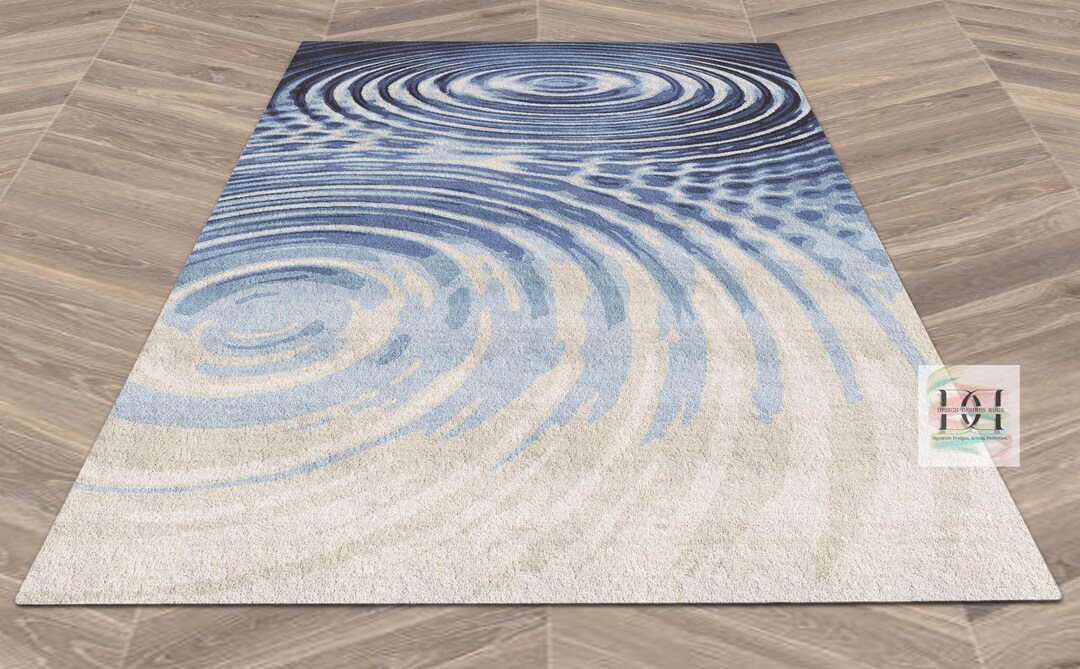 Water Print Rug Water Ripple Hand Tufted Rug, Modern Abstract Navy Blue Ocean Wave ...