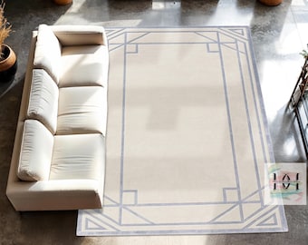 Hand-Tufted Wool Rug: Art Deco Cream & Blue Geometric Carpet