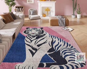 Hand-Tufted Wool Tiger Rug, Pink and Blue Geometric Carpet