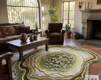 Organic Moss Agate Hand Tufted Wool Area Rug – Irregular Shape Textured Green Geode Carpet.