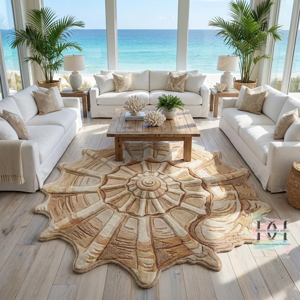 Beach Rug Shell Shape Seashell Hand Tufted Rug | Irregular Shaped Coastal Area Rug ...