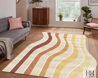 Groovy Wave Lines Wool Hand Tufted Rug, Retro Mid Century Modern Design