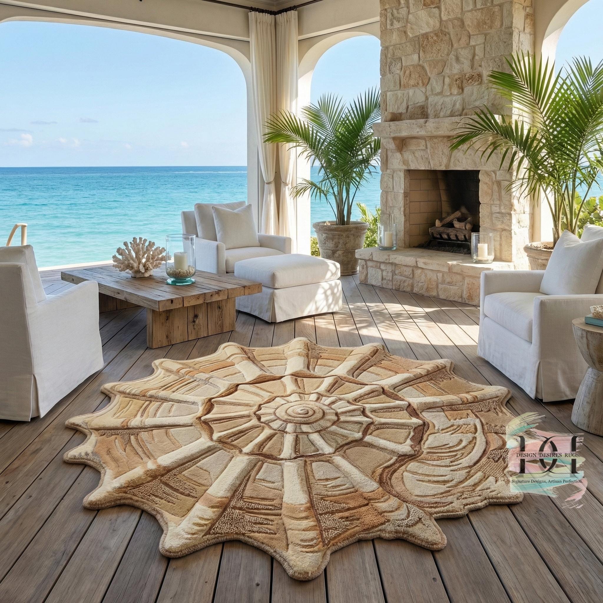 Beach Rug Shell Shape Seashell Hand Tufted Rug | Irregular Shaped Coastal Area Rug ...