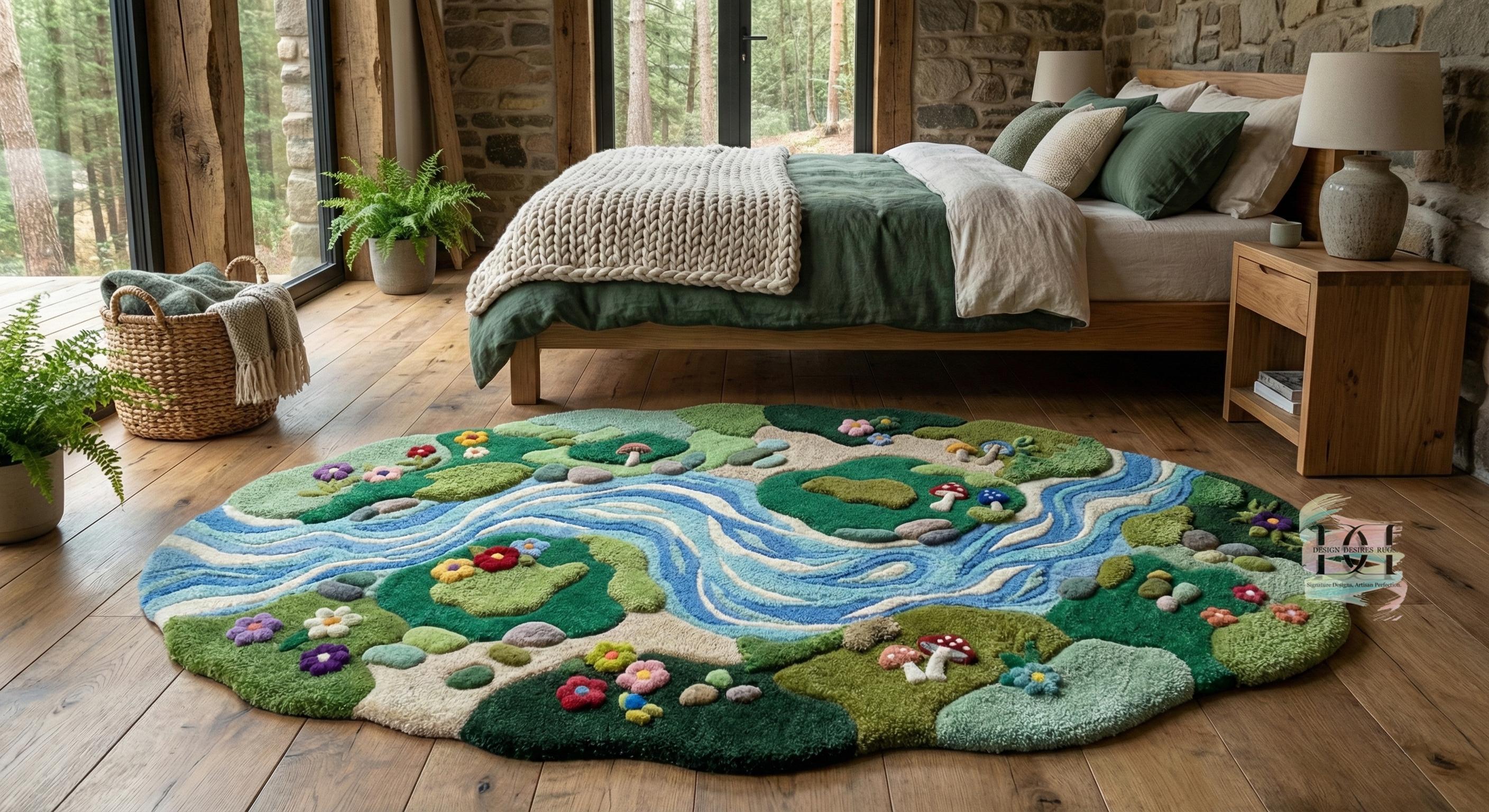 River Rug Custom Whimsical Forest River Rug -hand Tufted Irregular Shape Moss Rug ...
