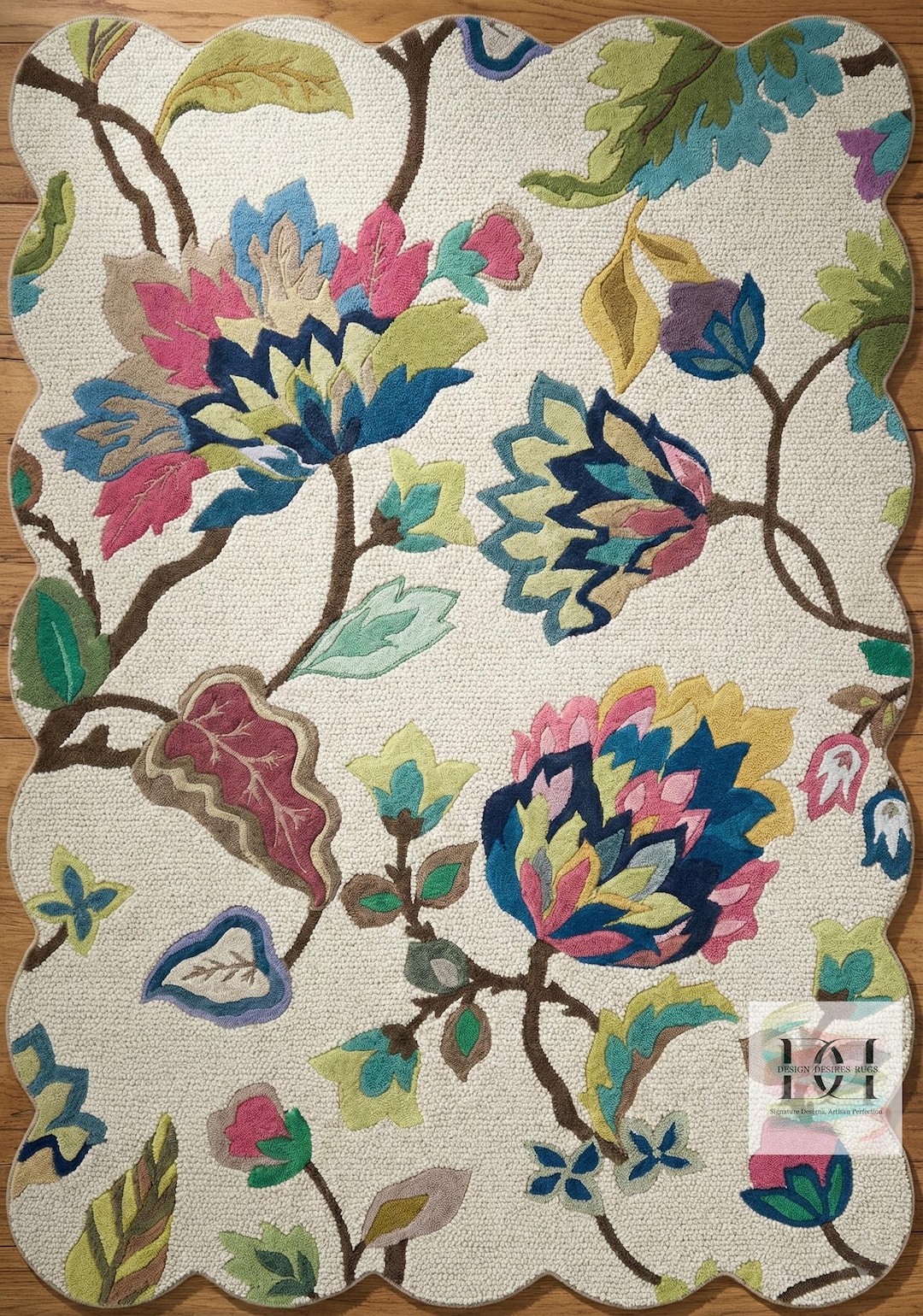 Scalloped Floral Hand Tufted Wool Area Rug, Colorful Wildflower Carpet ...