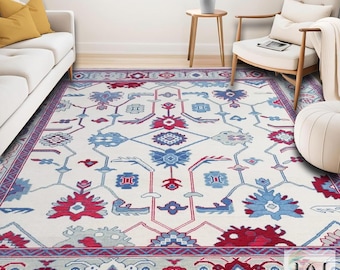 Hand-Knotted Wool Oushak Rug, Aegean Red Blue Geometric Carpet