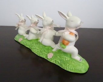 Ceramic White Bunny Rabbit Figurine, Vintage Department 56, Miniature Rabbit Family Running Carrot