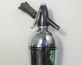 Silver Chrome Metal Black Striped Syphon Soda Maker Sparklet Seltzer Bottle, Vintage 1960s Barware