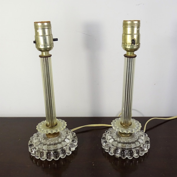 Set of 2 Crystal Candlestick Lamps, Pair of Clear Glass Electric Lights, Vintage Table Lamp Fixture, Ornate Boho Mid Century Boudoir