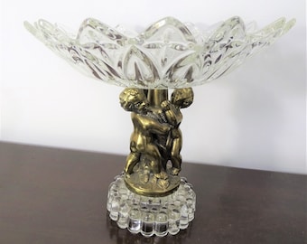 Gold Metal Footed Cherub Pressed Glass Pedestal Dish, Flower Tall Raised, Formal Serving Platter Stand, Wedding Dish Bowl Centerpiece