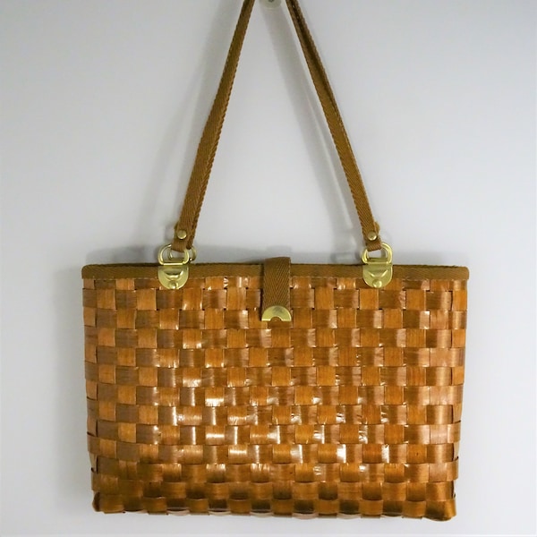 Vintage 1970er Jahre gewebte große braune Schilftasche, große Bronze-Umhängetasche, hergestellt in Italien, große Sommertasche, Picknickkorb-Geldbeutel