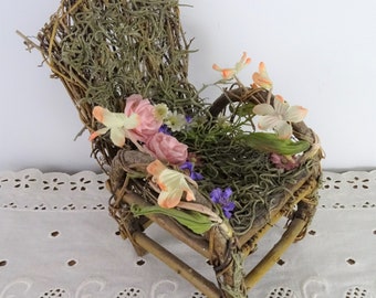 Primitive Wooden Twig Woven Doll Chair, Small Rustic Wood Branch Flower Fairy Chair with glitter and Spanish moss