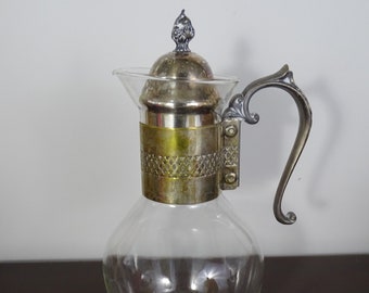 Large Coffee Carafe, Glass Beaker with Silver Metal Lid, Vintage Ornate Serving Pitcher, Mid century Clear Glass Decanter