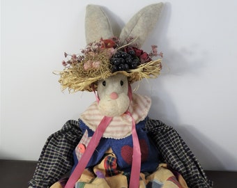 Extra Large handmade stuffed rabbit, Floppy Bunny in Plaid dress wearing straw bird nest hat, Country Primitive Doll