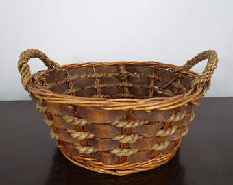 Vintage Large Round Woven wooden jute rope natural two tone basket, Flat wood slat reed 2 handle basket, Rustic Storage Container