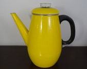 Yellow Enamel Coffee Pot, Stove Tea Pot, Retro Stovetop Percolator, Large Vintage Metal Enamelware Pitcher