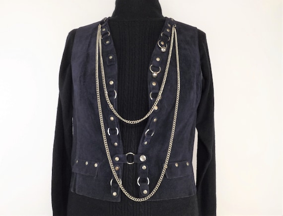 Womens Suede Vest, Suede Leather Vest, Navy Blue V