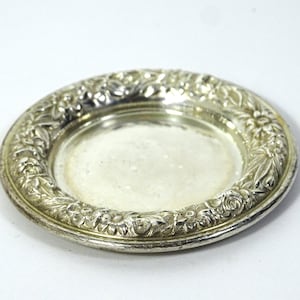 Small Round Flower Dish, Vintage Sterling Silver S Kirk and Son Repousse Dresser Tray, Antique Metal Butter Pat, Bridesmaid Gift