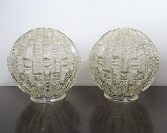 Set of 2 Modern Pendant Light Globes, Geometric Clear Block Round Light Globe shade, 1970 Mod Globe, Vintage Small Light Fixture Cover