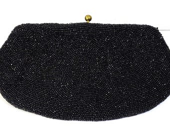 Small Black Shimmery Beaded Clutch Purse, Black Evening Bag, Vintage Handmade Walborg of Belgium
