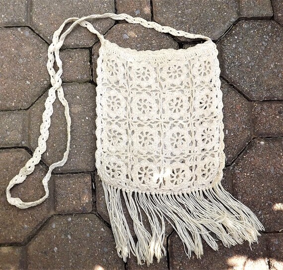 Macrame Bag, 1970s Hand Crochet Purse, Macrame wit