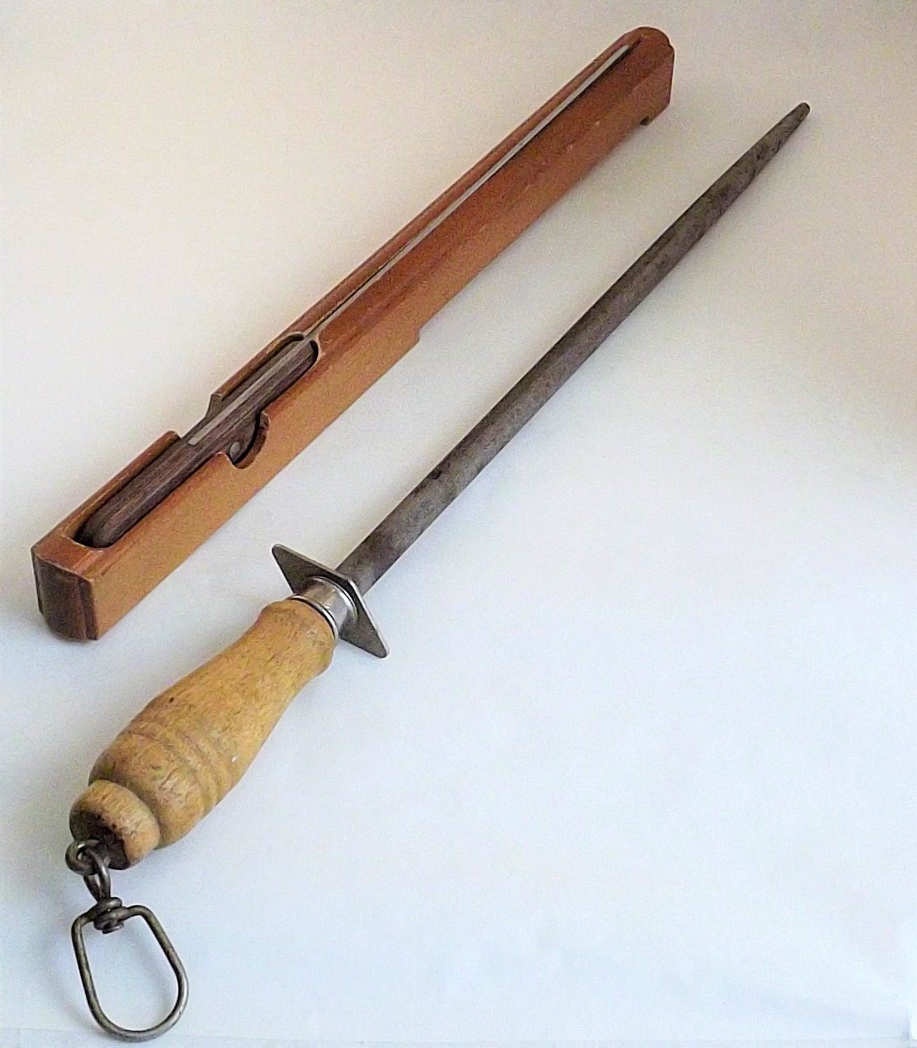Meat Carving Knife and Knife Sharpening Set, Vintage Long Steel Rod Knife Sharpener Tool, Turkey Knife, Wood Carving Tools