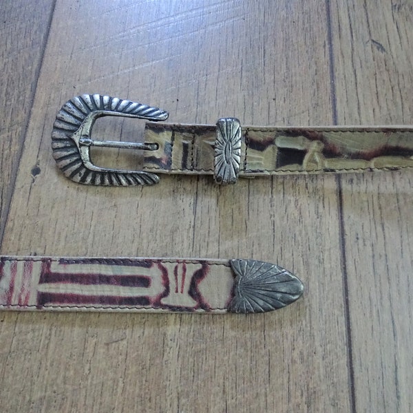 Extra Long Tooled Brown Leather Narrow Western Belt, Ornate Silver Buckle, 1980s Southwestern Billy Belts, Modern Abstract Two Tone Pattern