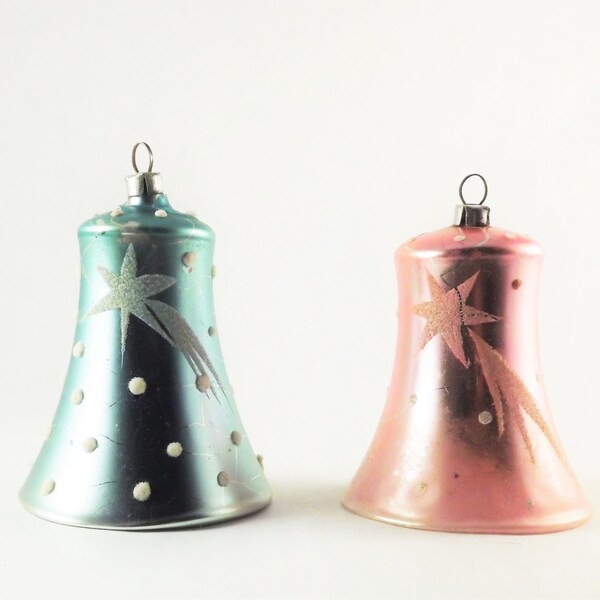 Small Shooting Star Polka Dot Bell Ornaments, Set of 2 Pink & Blue Vintage Glass Christmas Tree Balls, Shabby Chic