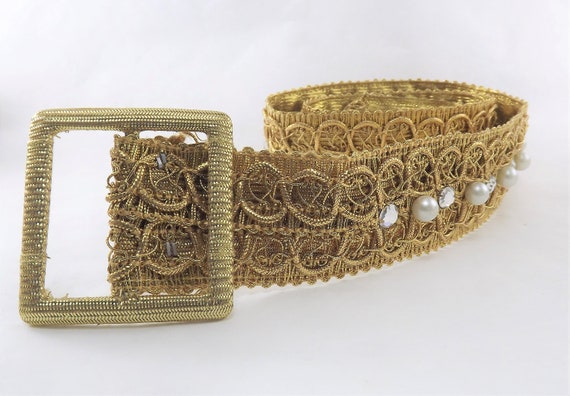 1950's Gold Metallic Vintage Belt, Diamond Rhines… - image 2