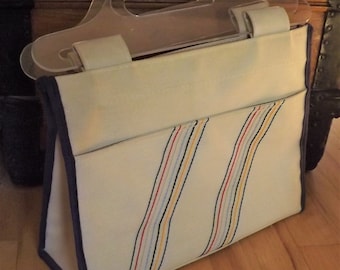 Vintage Tan Canvas Fabric Rainbow Striped Handbag, Clear Plastic Acrylic Lucite Handle Purse, 1970's Preppy Mod Tote Bag