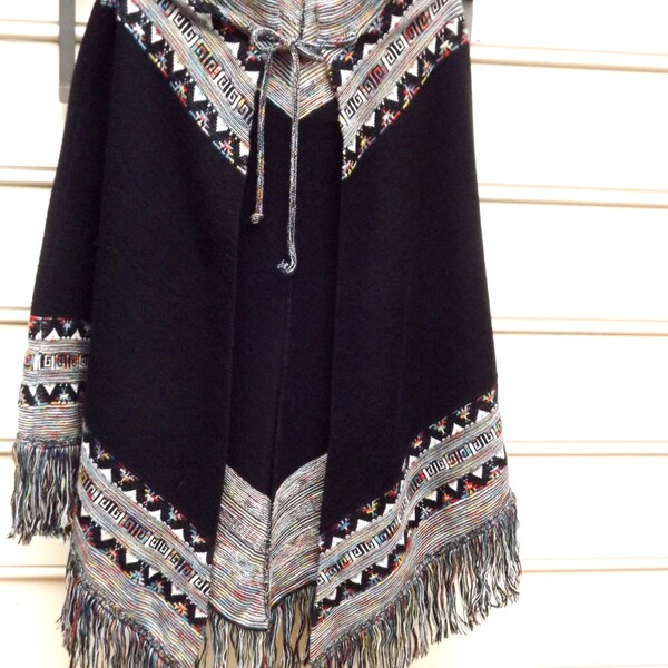 Black Aztec Poncho, Womens Vintage Cape, Size Small Medium