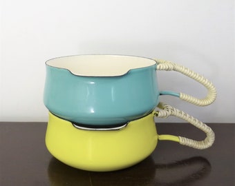 Danish Modern Enamel Sauce Pot, Vintage Set of 2 Koben Style Metal Soup Bowls, Pour Spout, Wrapped Handle