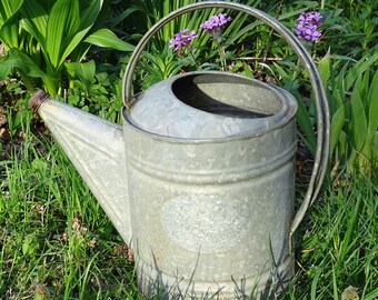 Vintage Galvanized Shabby Chic Steel Metal Large Watering Can, French Arching Handle, Outdoor Gardening Tool, Holds Water