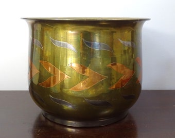Vintage Large Round Brass Chevron Copper Silver Inlay Shabby Flower Planter Pot, Made in India