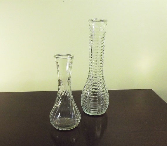 Hooser Bud Vase Set Of 2 Vintage Clear Glass Vases Ribbed Etsy