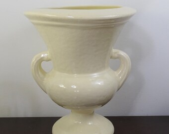 Vintage 1950s Extra Large Ceramic Urn, Crackled Planter Pot, Big Pedestal Neutral White Flower Vase