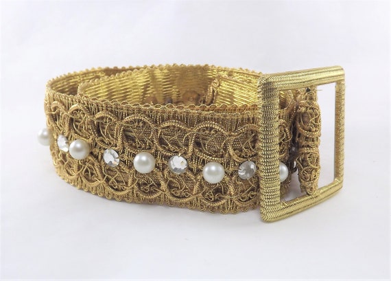 1950's Gold Metallic Vintage Belt, Diamond Rhines… - image 1