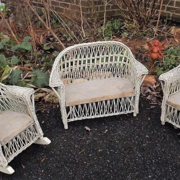 Vintage White Wicker Large Doll Furniture Set, Antique 1930s Small Children Furniture Set, Chair, Couch, Rocking Chair