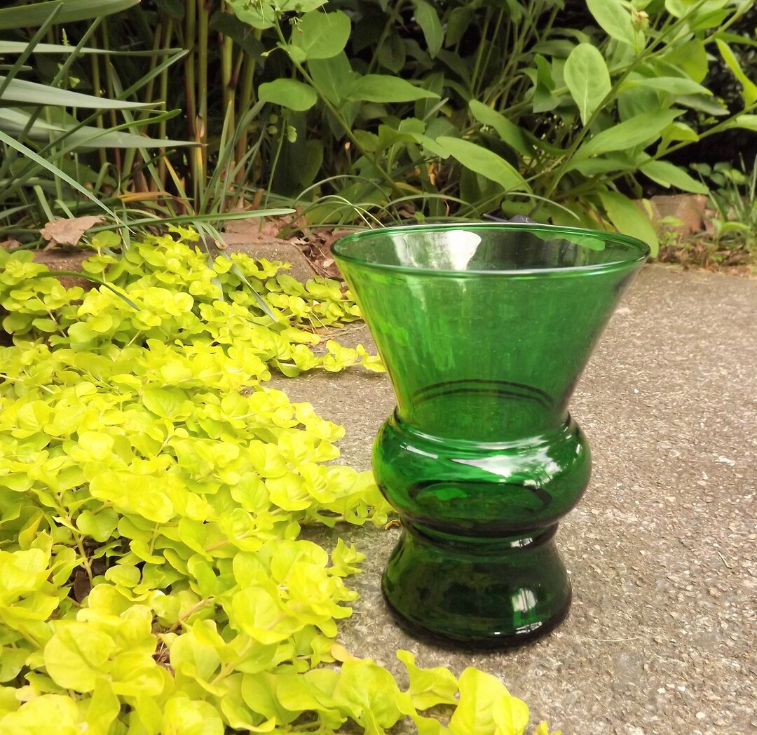 Emerald Green Clear Glass Vase, Vintage Anchor Hocking Wide Mouth