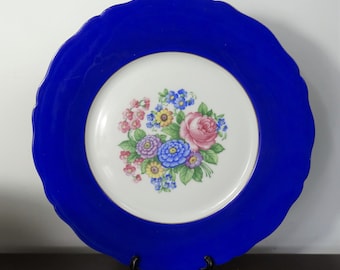 Large Czech Vintage Pink Rose Cobalt Blue Flower Plate, Wavy Wide Band with Gold Rim, Jones Mcduffee Stratton Made in Czechoslovakia