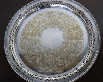 Large Silver Ornate Round Serving Tray, Silver Plate Platter, Pierced open cutwork and Decorative Roping, Wm William Rogers 172