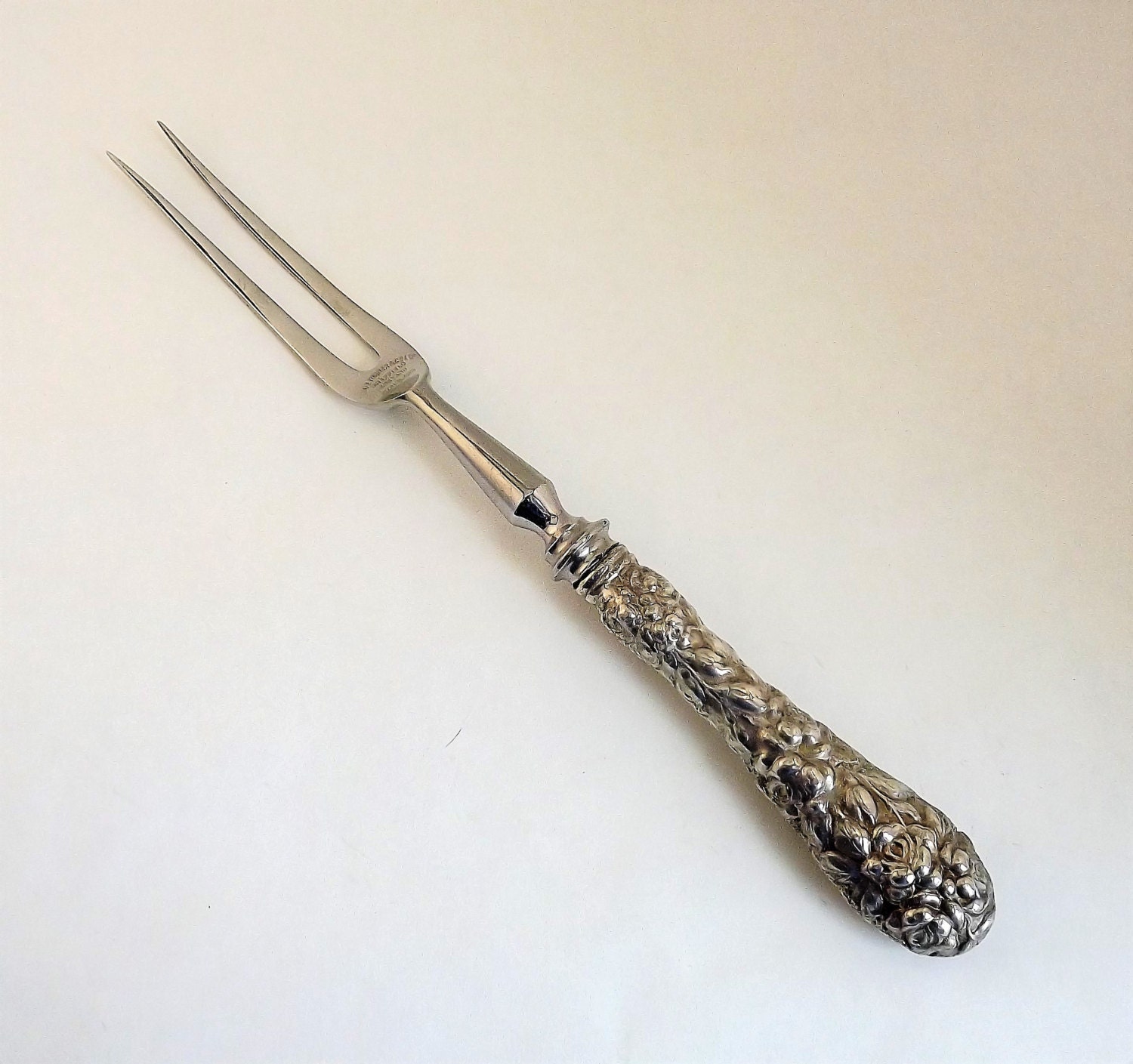 2 Tine Serving Fork Sterling Silver Meat Fork Repousse Etsy