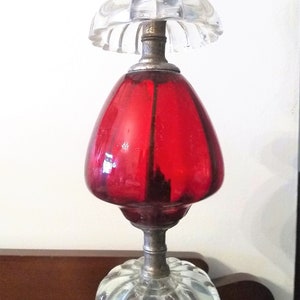 Ruby Red Cranberry Lamp, Ornate Crystal Clear Glass Vintage Table Lamp, Small Victorian Boudoir Light, 1940s Decor