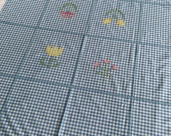 Blue and White Vintage Gingham Square Tablecloth, Handmade Cross Stitch Flowers, Checked Plaid Bridge Card Game Table Cloth