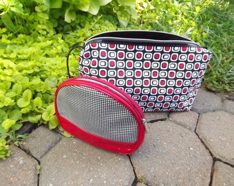 Red Black White Cosmetic Bag Pouch Set, Retro Zipper Tote, Geometric Polka Dot Plaid Small Travel Makeup Case, Vintage Lancome